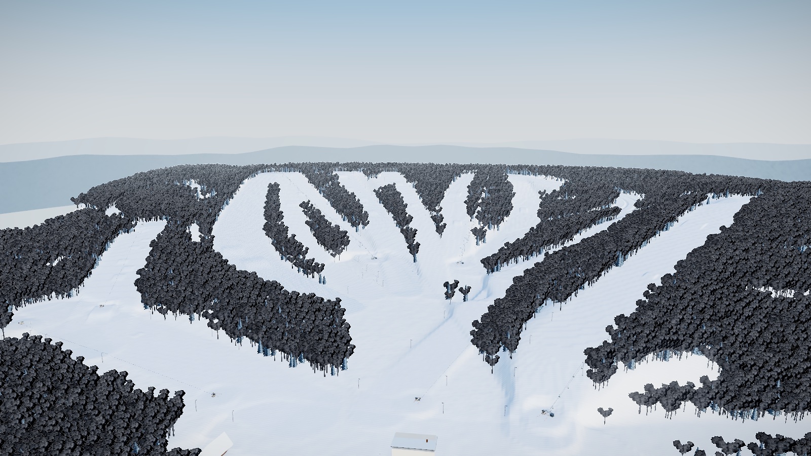Frontenac in the game, looking up the hill from beyond the lodge: runs cut through dark woods on the bluff