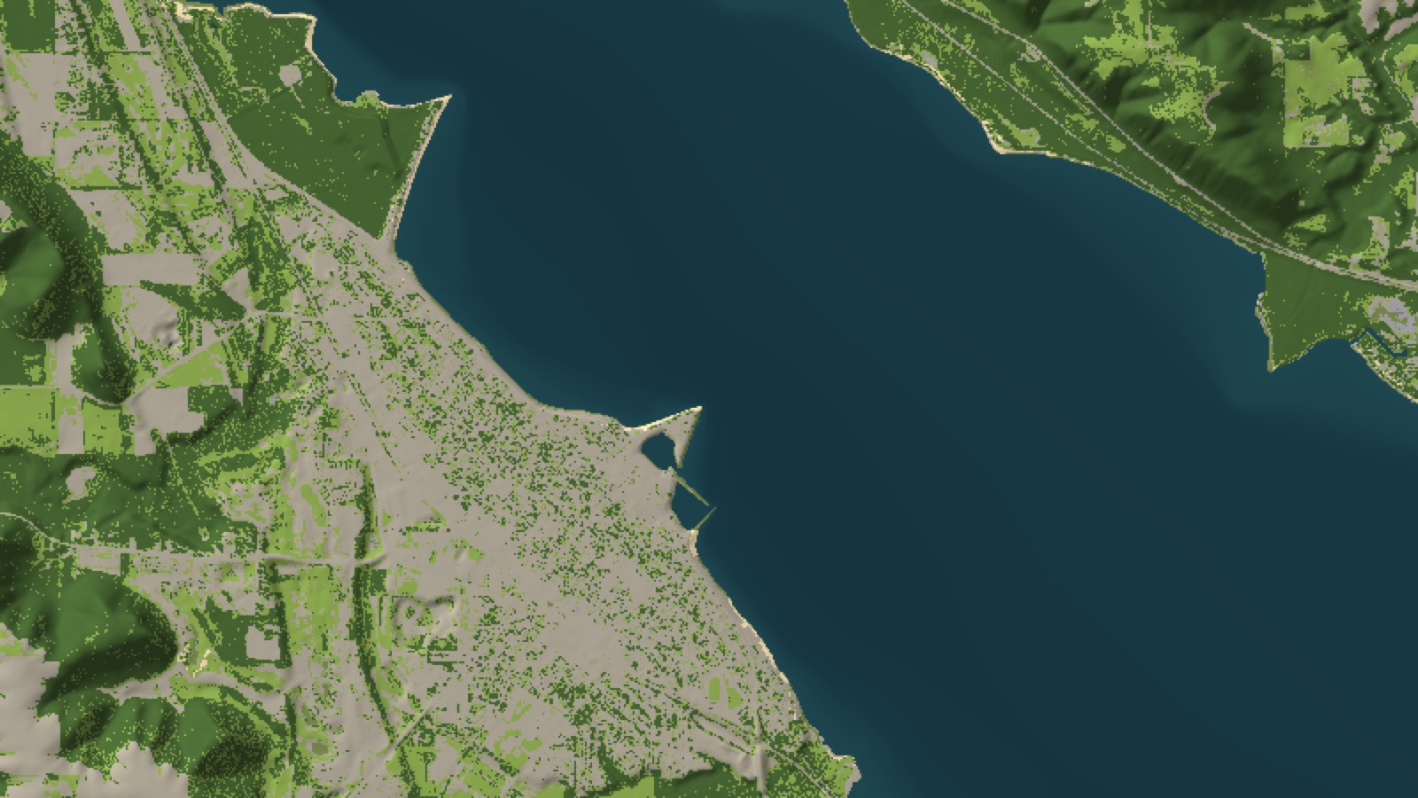 The same view coloured by what covers the ground: trees, lawn, sand and town