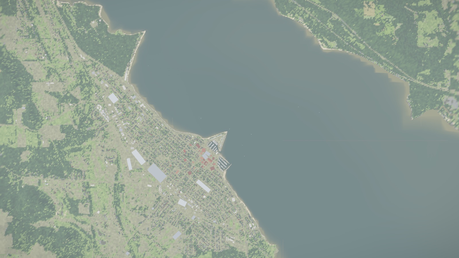 The same view rendered in the game, with the town and the marina